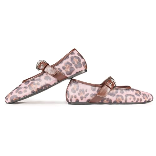 Image of Gothictor Women's Mesh Ballet Flats Round Toe Leopard Mary Jane Shoes Women | Cushioned Comfort, Easy to Style, Buckle Strap, Cheetah Print, Ballerina, Breathable, Wide Width, Non-Slip, Dressy Casual
