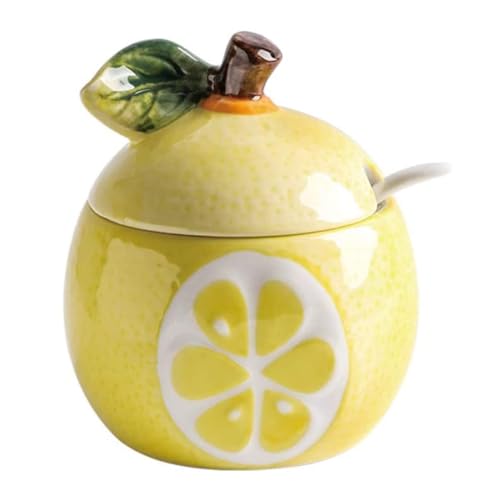 YAMKNICE Azucarero de cerámica con forma de fruta pintado a mano, tarro para especias, tarro para condimentos con tapa y cuchara, tarro para sal con forma de fruta de cerámica (Limón)