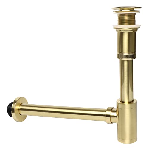 Lavabo design avec bonde pop-up sans trop-plein, siphon universel en laiton, piège à odeurs pour salle de bain avec joints, ouverture de nettoyage (or brossé)