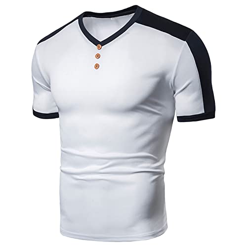 JEsilunmaMY Men's Button V Neck T-Shirts Raglan Short Sleeve Jersey Baseball T Shirts Color Block Slim Fit Henley Shirts (US Size S Asia M,White)