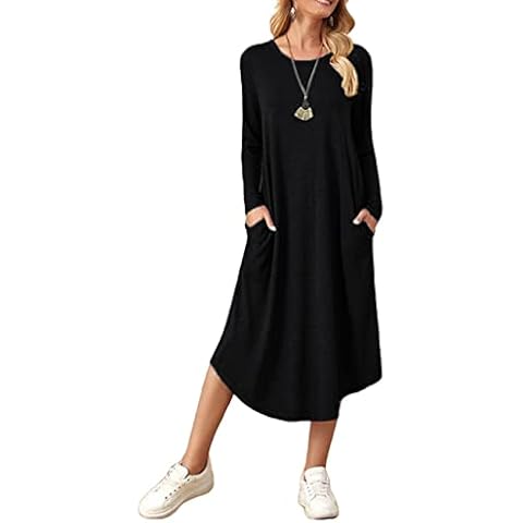 WISFRUIT Womens Casual Long Sleeve T Shirt Dress Loose Crewneck Long Tunic Dress with Pockets(Black,M) Cover