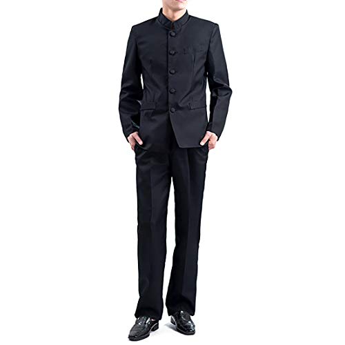 Chinese Traditional Cheongsam Style Mandarin Collar Men's Suit Blazer Long Sleeve Vintage Casual Slim Fit Pants Coat Set (Mandarin Suit Set Black, XL)