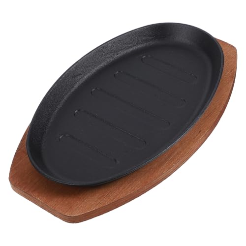 Toyvian Sartén Parrilla de Hierro Fundido con Base de Madera Placa para Asar Carne y Pescado Plancha Teppanyaki para Hogar y Cocina