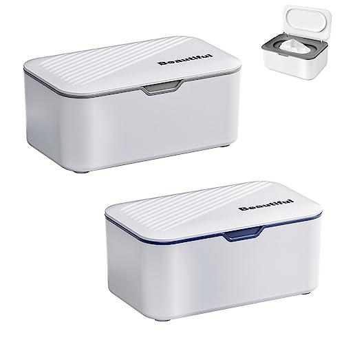 2 Piezas Caja de Pañuelos Húmedos, Dispensador de Toallitas Humedas Bebe, Caja para Toallitas Húmedas con Tapa, Caja de Papel Higiénico Húmedo, para Papel de Almacenamiento, Máscaras(Gris, Azul)