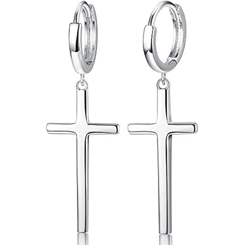Sllaiss 925 Sterling Silver Dangle Cross Earrings for Women Men Hinged Hoop Cross Earrings Hypoallergenic Cover