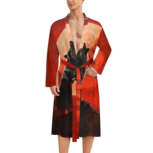 Howling Wolf Red Moon Funny Men's Robe Soft Lightweight Bathrobe Long-sleeve Spa Robes