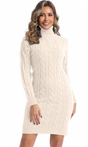 Avancel Damen Rollkragen Kleid Zopfmuster Basic Kleid Herbst Winter Warm Strickkleid Elegant Kleider Hafer S