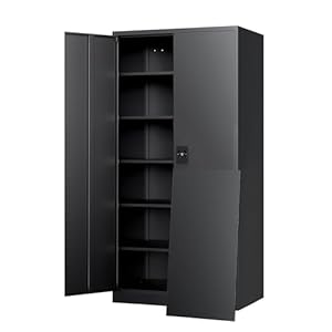 Yizosh Metal Garage Storage Cabinet with Lock, 71″ Locking Tool Cabinet with 2 Doors and 5 Shelves, Tall Steel Cabinet for Garage, Heavy Duty File Cabinet for Office, School (Black)