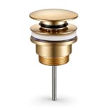 Valvola Clic Clac per lavabo, oro spazzolato, 1 1/4", universale, con e senza troppopieno, tappo di scarico compatto in ottone filettato M6, per lavandino bagno, anticorrosione, facile installazione