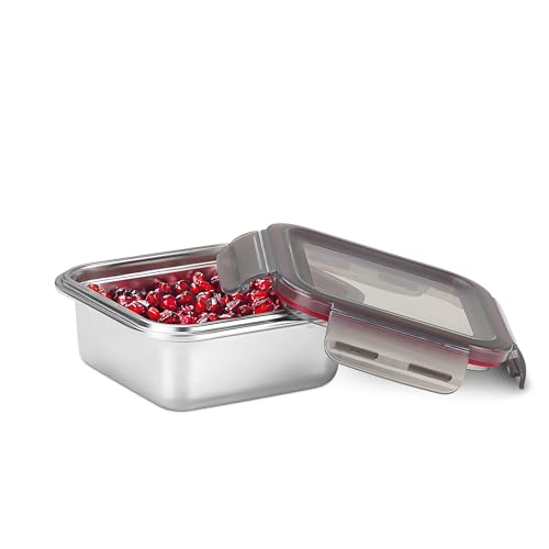 Image of MILTON Steel Lock and Store Square 850 Stainless Steel Container with four side lock plastic lid, 800 ml, Silver, Food Grade, Refrigerator Safe, Rust Resistant, BPA Free