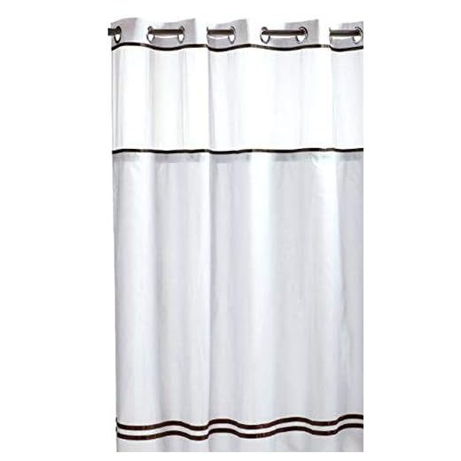 Hookless Escape Shower Curtain with SNAP-in Liner, White with Brown Stripe, 71 in. X 77 in.