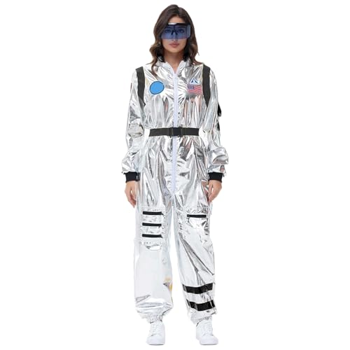 Astronaut kostüm Damen, Damen sexy Fasching, Kostüm Herren - Space Weltall Overall Outfit Faschingskostüme Silber Astronauten Raumfahrer Für...