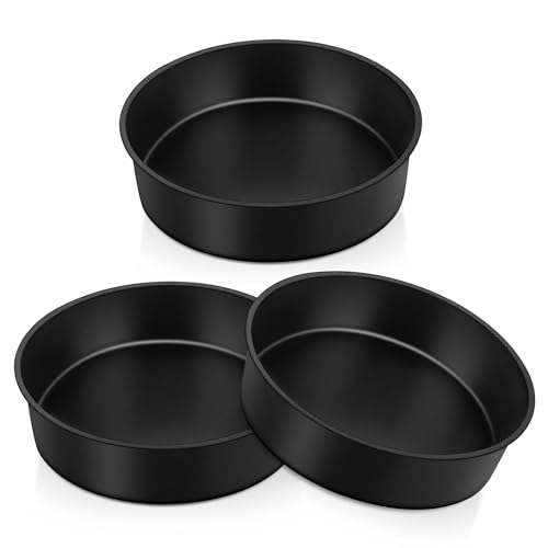 Herogo 8 Inch Cake Tin Set of 3, Non-Stick Stainless Steel Round Cake Pan for Birthday Wedding Baking Layer Dessert, Stainless Steel Core & Non-Toxic Coating, One-Piece Design & 5cm Deep (20cm, Black)