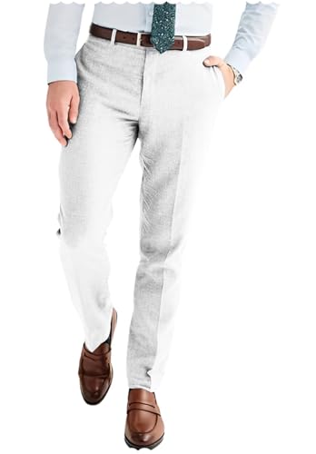 Men's Linen Blend Dress Pants Slim Fit Flat Front Wedding Beach Trousers Lightweight & Comfortable3