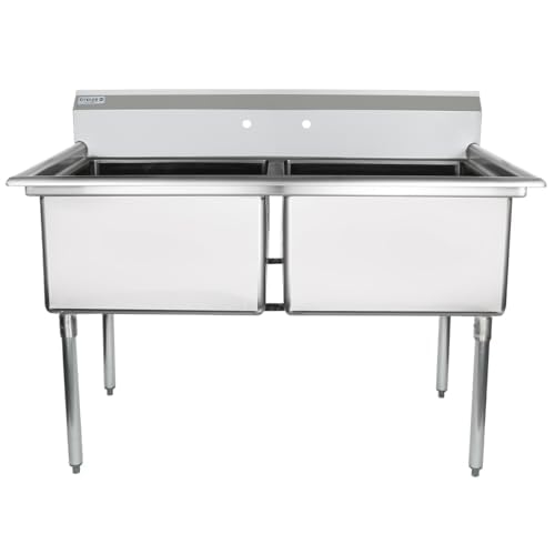 Image of EMPURA 55 inch Wide Stainless Steel Two Compartment Commercial Sink | Prep Utility 24 x 24 Bowl for Restaurant Laundry Garage | 3.5 inch Drain Basket, 9.75 inch Backsplash, 55 inchW x 29.5 inchD x 44.25 inchH, 18 Gauge, NSF