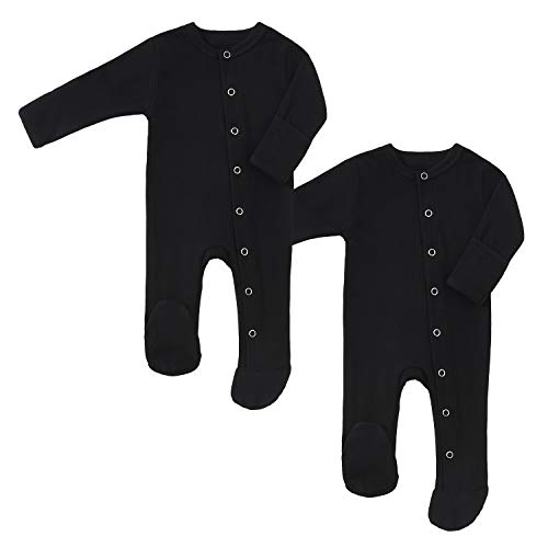 Baby Footed Pajamas with Mitten Cuffs Unisex Cotton Snap-up Romper Jumpsuit Sleep and Play 0-12 Months Footies 2-Pack Black