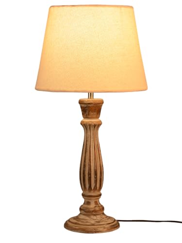 Image of Green Girgit Athens Wooden lamp with Taper Samre White Solid Shade, Vintage Style Table Lamp with Distressed Wood Base, Cream Fabric Shade (LED Bulb Included)