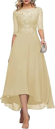 Chiffon 3/4 Sleeve Mother of The Bride Dresses Lace Appliques A Line Tea Length Formal Evening Dresses with Pockets Champagne 14