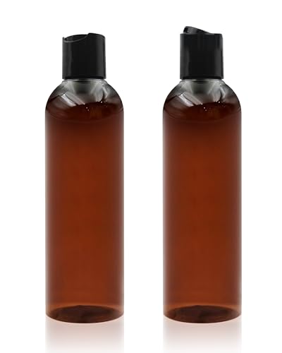 ZLEVEAYN 2 Pack 8 oz Amber Plastic Squeeze Bottles with Black Disc Caps Refillable Empty Travel Containers Bottles for Shampoo Conditioner Toiletries Lotions Oils BPA Free