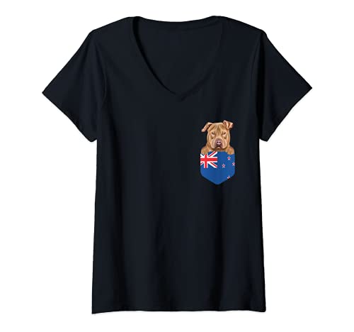 Womens New Zealand Flag Usa Staffordshire Terrier Dog In Pocket V-Neck T-Shirt, Black