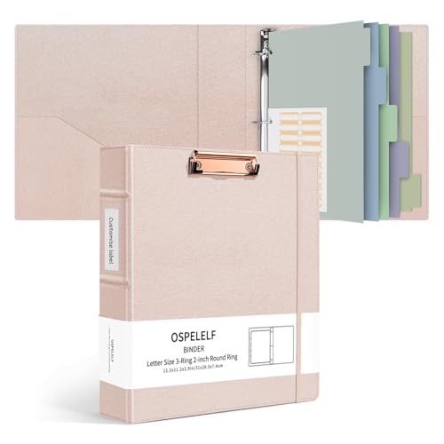 Ospelelf Vintage Hardcover 3 Ring 2 inch Leather Binder, Professional Binder Organizer Suitable for Letter Size, Binder Dividers with Tabs, Clipboard Design, Faux Pink Leather