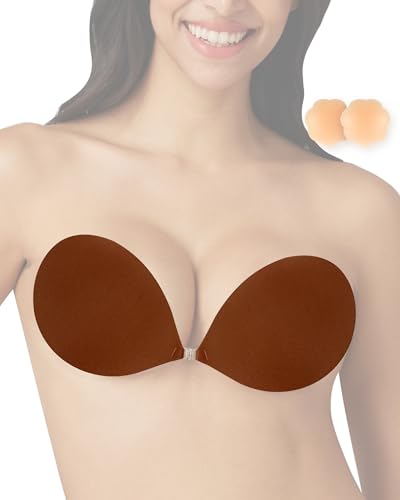 Image of Niidor Women's Silicone Adhesive Bra, Invisible Sticky Bra, Strapless Backless Reusable Bra for Wedding Dress Coffee