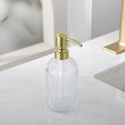 Image of Gold Refillable Glass Kitchen Soap Dispenser,16oz Bathroom Soap Dispenser with Vertical Strip,Golden 304 Stainless Steel Pump Head, Clear Thick Glass,for Modern Home Decor, Countertop, Hotel
