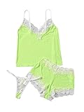 DIDK Women's 3pcs Sleepwear Contrast Lace Trim Sexy Cami Pajama Set with Thong Neon Green XL