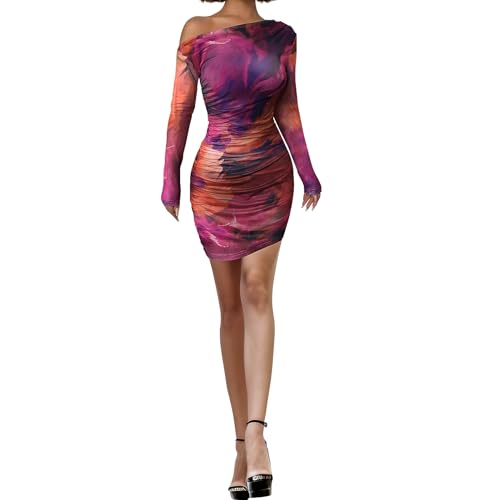 Image of Women's Long Sleeve Bodycon Mini Dress Tie Dye Print Slim Fit Asymmetrical Neck Elegant Formal Ruched Short Dresses