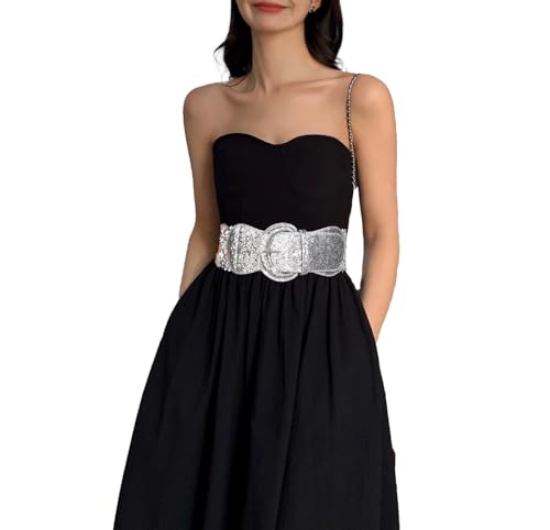 COTIM COYIN Womens Sequin Wide Buckle Stretchy Belt, Sparkly Glitter Vintage Elastic Belts for Dress Stretchy Waistband 5
