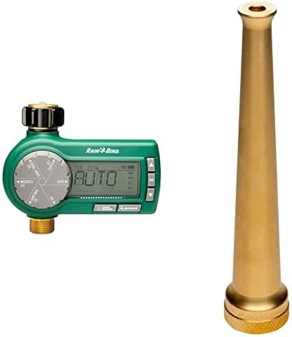 Rain Bird 1ZEHTMRP Premium Pro-Grade Electronic Digital Hose End Timer/Controller, One Zone/Station, Battery Operated, Brass Inlet/Outlet & Rain Bird 6" Lead-Free Brass Hose End Water Nozzle