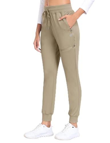 Image of MoFiz Women's Walking Trousers Windproof Fleece Lined Hiking Pants Waterproof Sports Warm Softshell Trousers Cargo Zipper Pockets Khaki M