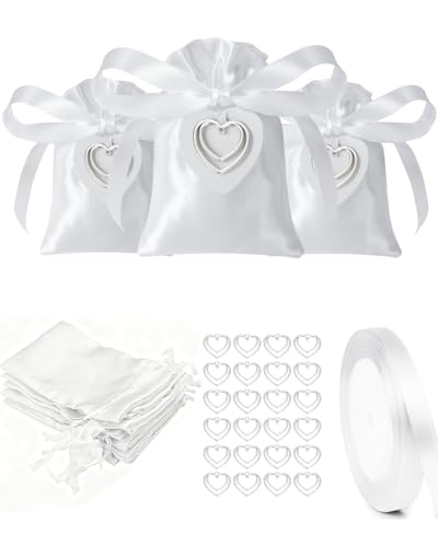 HAPZUR 24 Sachets Contenants Dragées Mariage Blanc, Satin Boite Dragees Mariage，24 Pendentifs Cœur & 1 Rouleau Ruban Blanc pour Baptême, Communion, Anniversaire, Fêtes