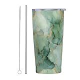 Woshuwo Vaso de acuarela verde salvia y dorado con tapa y popote, 20 onzas, taza de café helado aislada al vacío, taza de viaje reutilizable, botella de agua de acero inoxidable