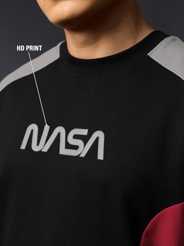 Image of The Souled Store NASA Mission Men and Boys Long Sleeve Round Neck Black Colour Block Casual Lightweight Drop Shoulder Streetwear Trendy Oversized Full Sleeve T-Shirts