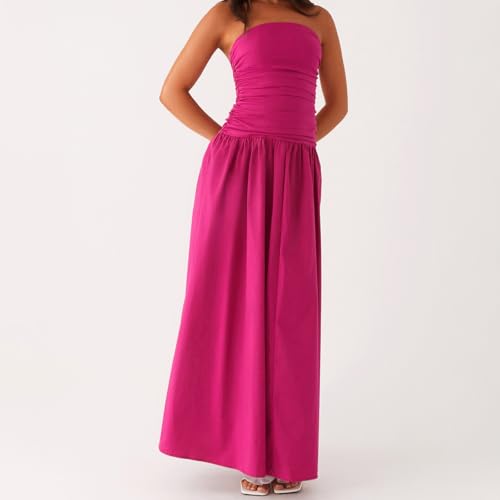Image of Women Tube Top Maxi Dress Summer Strapless Backless Bodycon Long Bandeau Dress Elegant Off Shoulder A Line Dresses