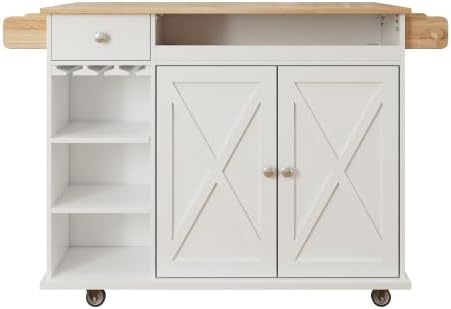 White Kitchen Island with Drop Leaf - Versatile and Spacious Rolling Kitchen Island