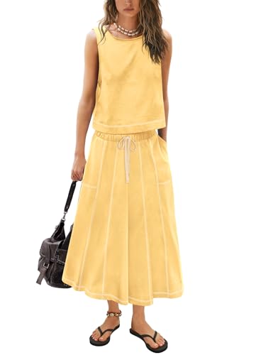 Yanekop Womens Skirt Sets 2 Piece Outfits Casual Summer Sets Vacation Matching Lounge Set Midi Skirt and Top Set 2025, Yellow, L