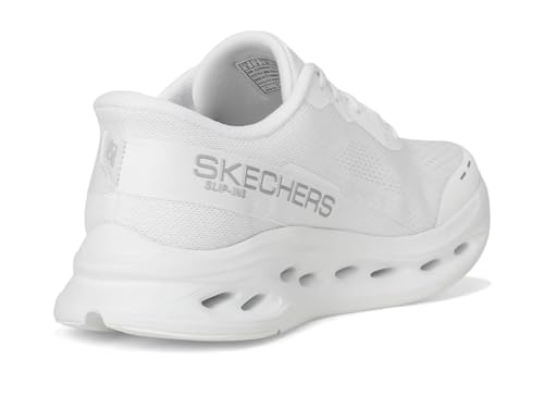 Skechers Women's Max Cushioning Glide Step Caledonia Hands Free Slip-ins Sneaker, White/Silver, 9.5