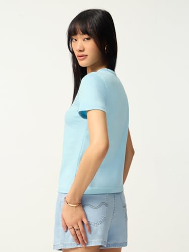 Image of The Souled Store Casual Classics: Women and Girls Short Sleeves Spread Collar Solid Cotton Regular Fit Breathable Lightweight Trendy Everyday T-Shirt