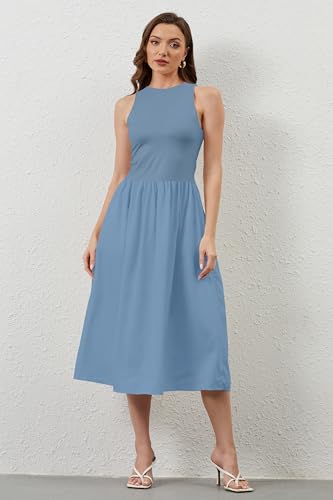 Image of TERIVEEK Women Summer Sleeveless Midi Dress Casual High Neck Patchwork Tank Sundress Boho Flowy A Line Dress with Pockets Blue