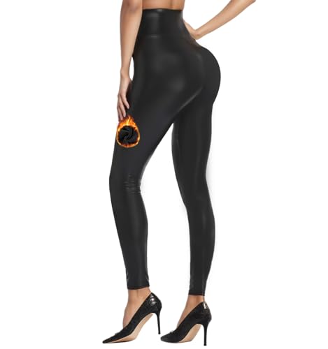 Lishang Leggings de Piel para Mujer Cintura Alta PU Leggins Cuero Push Up Sexy Pantalones Medias de Cuero de Imitación Leggings Termicos Invierno Elásticos