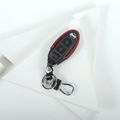 Image of Leather Smart Car Key Cover Case with Metal Hook Keychain for Nissan Micra, Sunny(Black)