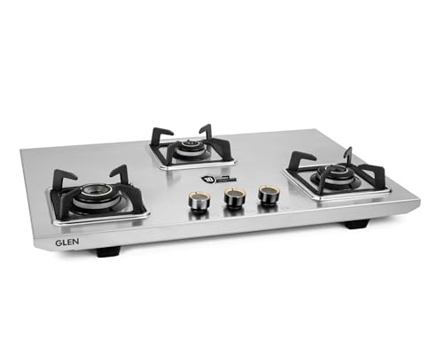 Image of Glen 3 Burner Stainless Steel LPG Gas Stove | Ultra Tuff Body | 10 Year Warranty on Burners & Gas Valve | 1 Jumbo Forged Brass Burner | Manual Ignition | 360 Revolving Inlet Nozzle | 1053UTTNDTSS