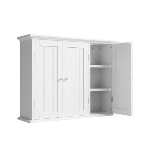 ChooChoo Bathroom Wall Cabinet with 3 Doors, Laundry Cabinet Wall Mounted, Medicine Cabinet with Adjustable Shelves, Hanging Kitchen Cupboard Organizer, White
