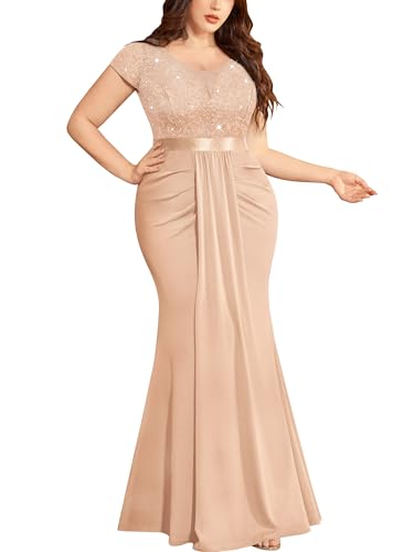 MISSMAY Women's Plus Size Double V Neck Sequin Lace Contrast Ruched Bodycon Mermaid Hem Formal Maxi Dress