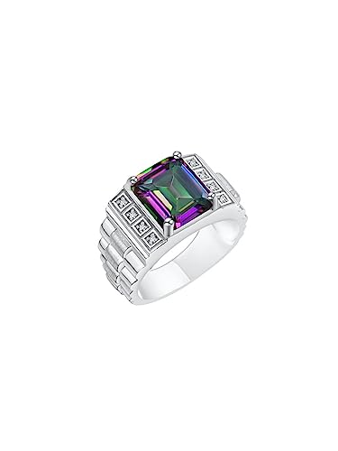 Rylos Men's Rings Sterling Silver Designer Style 10X8MM Emerald Cut Shape Gemstone & Diamonds - Color Stone Birthstone Rings for Men, Sizes 8-13.3