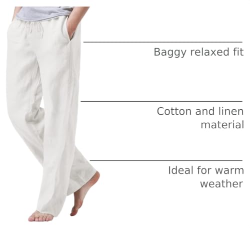 Image of iWoo Linen Pants Men Casual 2025 Summer Beach Elastic Drawstring Waist Yoga Pants Travel Baggy Work Pant Pajama