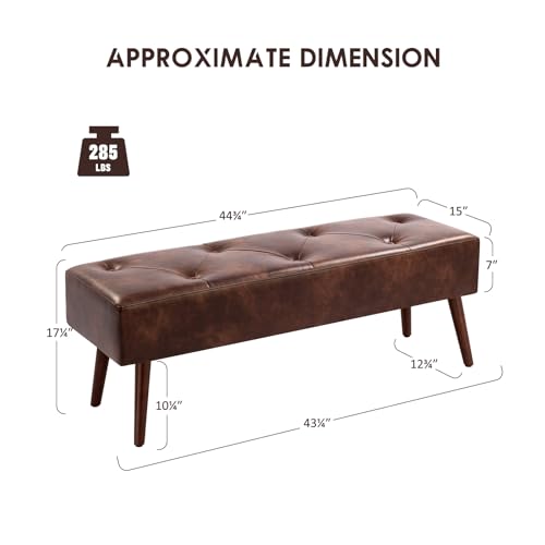 Furniliving 44 Inch Tufted Ottoman Bench, Leather Footrest Stool Entryway Bench Seat, Upholstered Tufted Beathable Fabrics Ottoman Bench with X-Shaped Wood Legs for Kitchen, Solid Wood Indoor Bench