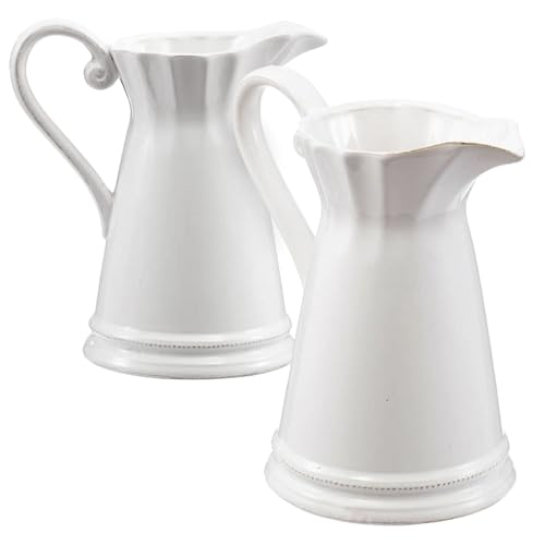SHARK SHIP 2 Pack Smooth Porcelain Maisie Pitcher, Glossy White Finish, Use for Serving or Decorative Display, 8.5x6x9 Inches